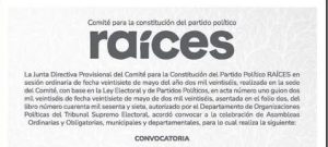 Raíces convoca a sus Asambleas municipales y Departamentales