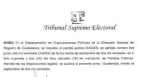 El TSE oficializa a Raíces como partido político